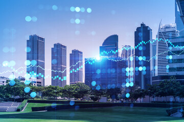 Naklejka premium Panoramic view of steel and glass skyscrapers of Dubai Marina. Modern cityscape of the capital of the UAE. Financial services hub. FOREX graph and chart concept. Double exposure.