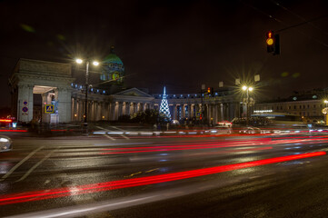 Naklejka na ściany i meble Shadows of St. Petersburg. Christmas holiday night in New Year's lights.