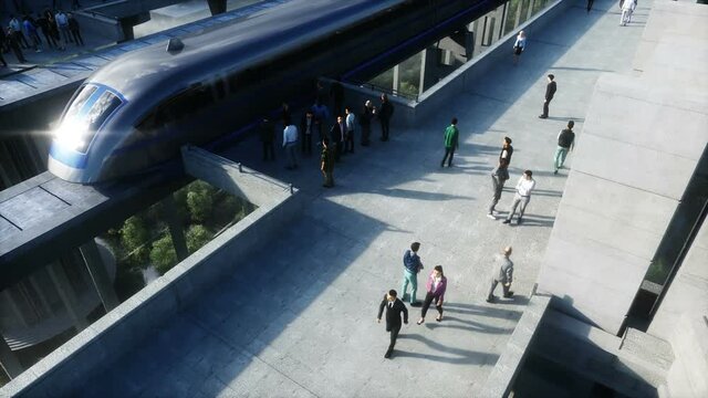 futuristic train station with monorail and train. traffic of people, crowd. Concrete architecture. Future concept. Realistic 4k animation.