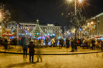 Shadows of St. Petersburg. Christmas holiday night in New Year's lights.