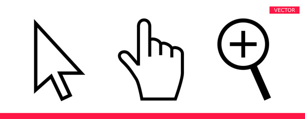 Black and white arrow, hand and magnifier mouse cursor icons vector illustration set flat style design isolated on white background.