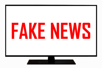 Fake News on TV. Lying information to trick people on TV. Media technology and modern lifestyle concept: watching and reading fake news. Hoax and disinformation propaganda concept.