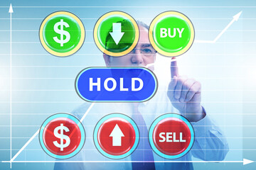 Concept of commercial choices between buying holding and selling