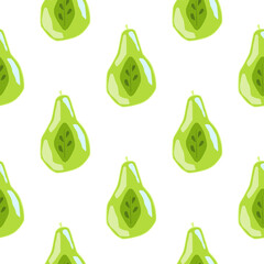 Isolated seamless pattern with bright green pear half elements. White backround.