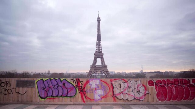 Tour Eiffel - Eiffel Tower in Paris during lockdown, empty scenery of Trocadero, tourism in France on a cloudy day