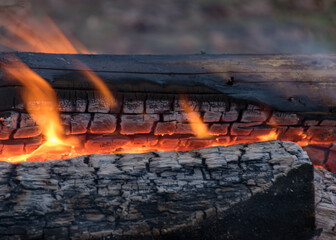 landscape with a burning campfire on the lake shore, glowing wooden logs and red fire flames