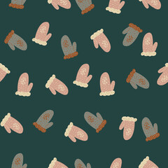Holiday ornament seamless pattern with pink mittens print. Dark turquoise background.