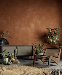 Terracotta color interior with plants, dresser, armchair and decor. 3d render illustration mock up.