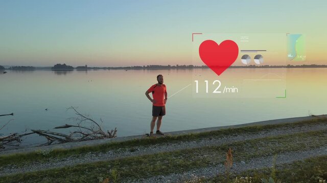 Runner checking smart watch health infographics on run, heart rate concept