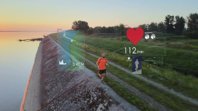Runner at sunrise with holographic fitness tracker, 3D render animation concept