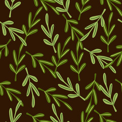 Naklejka na ściany i meble Green simple leaves twigs shapes seamless random pattern on brown dark background.