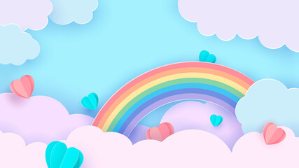 Valentine s day background with heart shaped balloon flying through the clouds. Romantic paper art in origami style. Vector