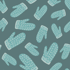 Hand drawn random seamless pattern with blue contoured mittens ornament. Dark grey background.