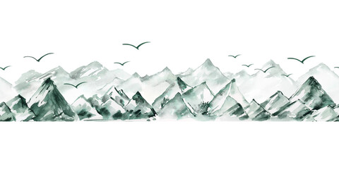 Watercolor nountain landascape seamless pattern. Travel illustration with scandinavian nature. Green mountains and forest