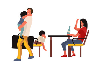 Family conflict. Mother and father brawling. Man and woman quarreling in presence of kids. Conflicting people and problems in relationship. Babies suffer from parents disagreement, vector illustration