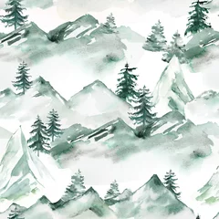 Room darkening curtains Mountains Watercolor nountain landascape seamless pattern. Travel illustration with scandinavian nature. Green mountains and forest