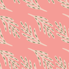 Minimalistic abstract seamless botanic pattern with grey colored leaf twigs ornament. Pink background.