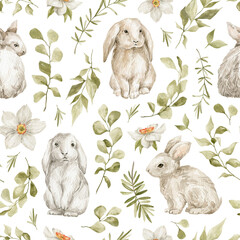 Watercolor seamless pattern with cute white rabbits and leaves. Wild animals, eucalyptus, flowers. Hand-drawn adorable hare, branch, plants. Springtime background - 406413797