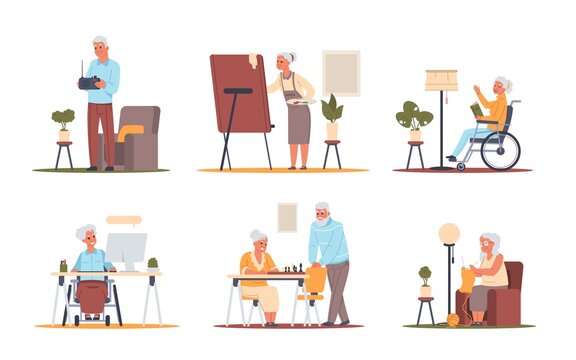 Senior people at home. Pensioners hobby. Elderly cartoon characters playing card games, watching movies and talking, drawing picture, listening radio, playing chess. Vector old persons scenes set