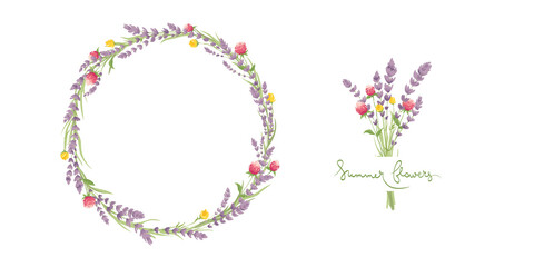 Cards for Wedding invitation. Set vector design elements, wreaths and bouquets of lavender and summer flowers, calligraphy lettering.	
