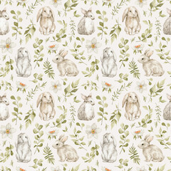 Watercolor seamless pattern with cute white rabbits and leaves. Wild animals, eucalyptus, flowers. Hand-drawn adorable hare, branch, plants. Springtime background - 406413974