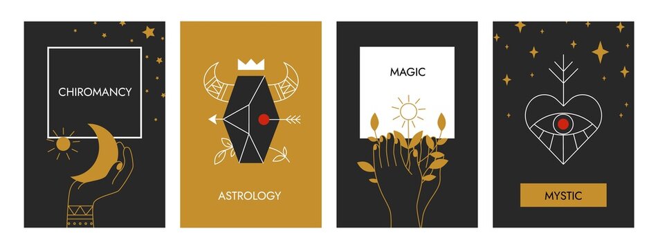 Boho posters. Astrology magical banners. Decorative occult contour symbols with floral and cosmic elements. Mystical outline human hands or Zodiac signs. Mystery cards with lettering, vector set