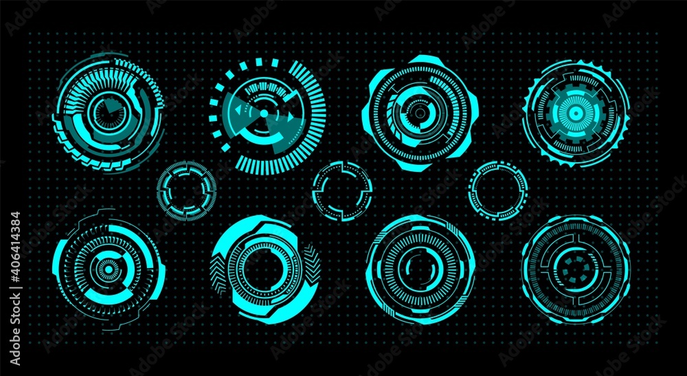 Poster Hud circles. Futuristic digital UI round elements. Virtual leisure games interface templates. Isolated neon signs of modern radar or viewfinder. Abstract geometric illuminated frames, vector flat set