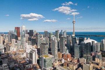 Toronto, Ontario, Canada., daytime aerial view of Toronto cityscape showing landmark buildings in the financial district.