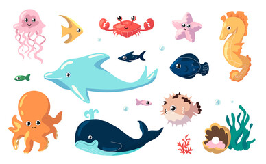 Cute sea animals. Cartoon funny fish swim underwater. Collection of ocean inhabitants. Isolated jellyfish and seahorse, dolphin or whale and octopus. Undersea creatures, vector marine fauna set