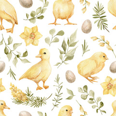 Watercolor seamless pattern with cute yellow chickens and ducklings, eggs, leaves, narcissus and mimosa flowers. Easter background with farm birds. Spring design for textile, poster, covers. © Kate K.