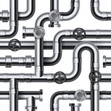 Seamless pipeline pattern. Realistic water and gas engineering plumbing system. 3D glossy steel cylindrical tube constructions. Round valves and pipe connection with bolts. Vector industrial template
