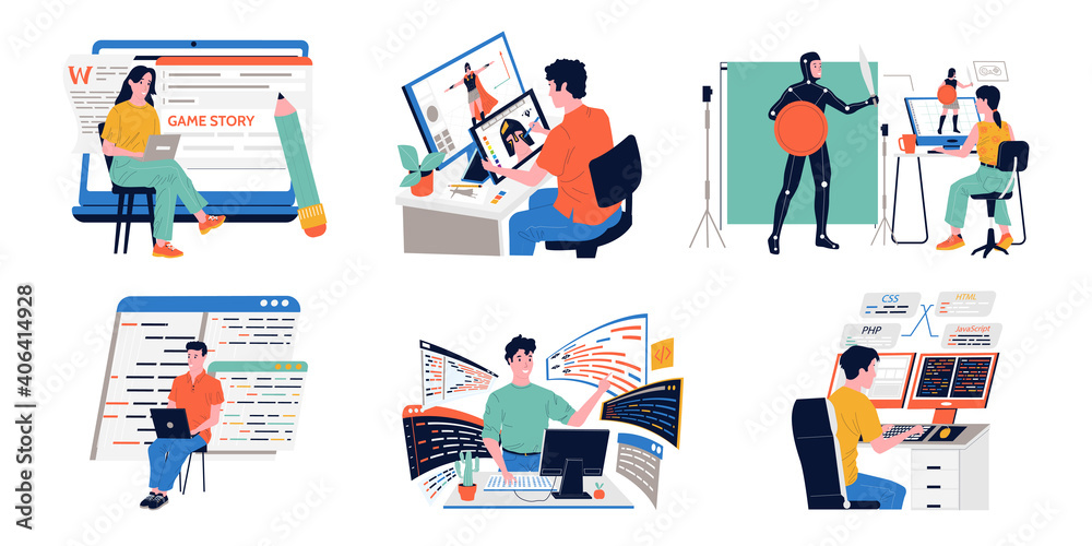 Fototapete Game development. Cartoon programmers working on digital entertainment project. People coding or creating characters. Collective of script writers and motion designers. Vector modern specialists set