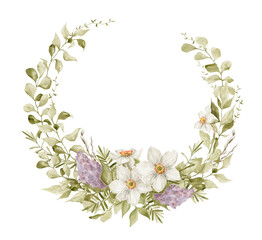 Watercolor wreath with lilac, narcissus flowers and leaves. Elegant spring bouquet. Feminine frame for mother's day, women's day. Flower arrangement. Blossom summer vintage wreath