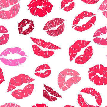 Lipstick kiss seamless pattern. Makeup lips symbols, red and pink kisses silhouettes, valentines day background, beauty and cosmetics texture decor textile, wrapping paper wallpaper vector print