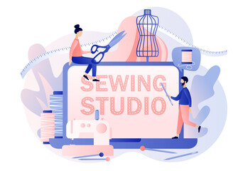 Sewing studio web site. Tiny people tailors create outfit and apparel in workshop or atelier. Big laptop, sewing machine, mannequin, tools and materials. Modern flat cartoon style. Vector illustration