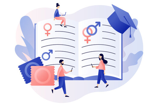 Sexual education concept. Tiny people with big book in sexual health lesson. Contraception and reproduction system. Human sexuality. Modern flat cartoon style. Vector illustration 