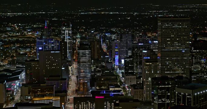 Denver Colorado Aerial v19 tight angle birdseye tracking shot of downtown cityscape night - DJI Inspire 2, X7, 6k - August 2020