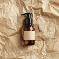 Amber glass soap dispenser bottle on kraft paper top view. Beauty products design, container mockup...