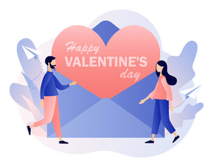 Happy Valentines day. Tiny people in love greet each other. Big envelope with love leaf. Romantic relations and date. Modern flat cartoon style. Vector illustration on white background