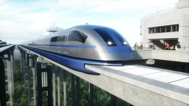 futuristic train station with monorail and train. traffic of people, crowd. Concrete architecture. Future concept. Realistic 4k animation.