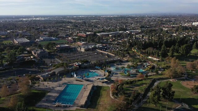 Flying towards Splash water park at the La Mirada Regional Aquatics Center.