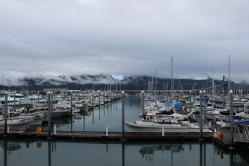 Fototapeta premium Seward harbor on a foggy morning. Seward, Alaska