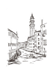 Liner sketches architecture of Italy Venice. Water gondola gondolier. Sketch draw graphic illustration. Sketch in black color isolated on white background. Hand drawn travel postcard. Travel sketch.