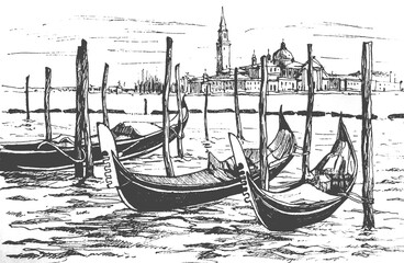 Liner sketches architecture of Italy Venice. Architecture sketch draw graphic illustration. Sketch in black color isolated on white background. Hand drawn travel postcard. Travel sketch. © Catherine