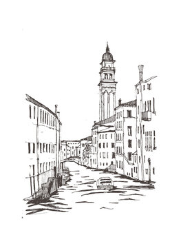recommend clip art: Liner sketches architecture of Italy Venice. Water gondola gondolier. Sketch draw graphic illustration. Sketch in black color isolated on white background. Hand drawn travel postcard. Travel sketch.