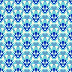 Fototapeta premium Art deco abstract seamless pattern blue color on beige background, elegant wallpaper or fabric