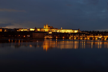 Prague castle and Vltava river in the evening after sunset
