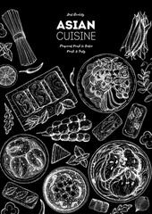 Asian cuisine sketch collection. Hand drawn vector illustration. Food menu design template, engraved elements. Food set.