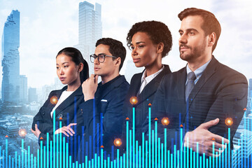 Group of business colleagues in suits as a part of multinational corporate team working on forecasting trading corporate strategy at fund. Forex chart. Bangkok on background. Double exposure