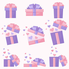 Closed, jumping and open gift boxes. Saint Valentine's present flat vector illustrations set. Pink and violet gift boxes with hearts.